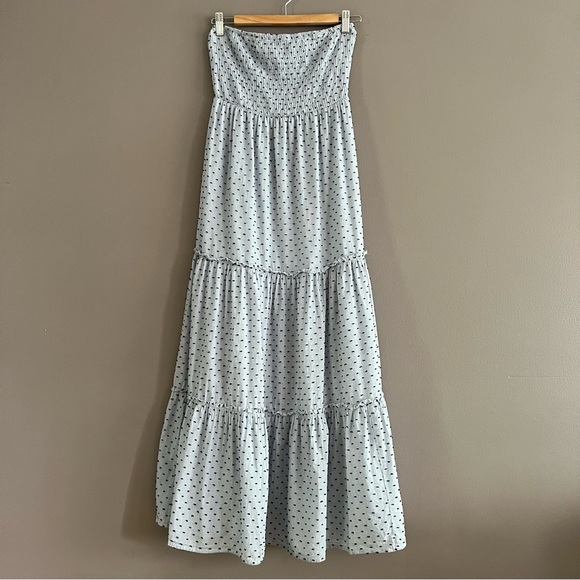 Sim & Sam Strapless Tiered Maxi Dress Smocked Swiss Dots Cottagecore Blue Small - Picture 1 of 9